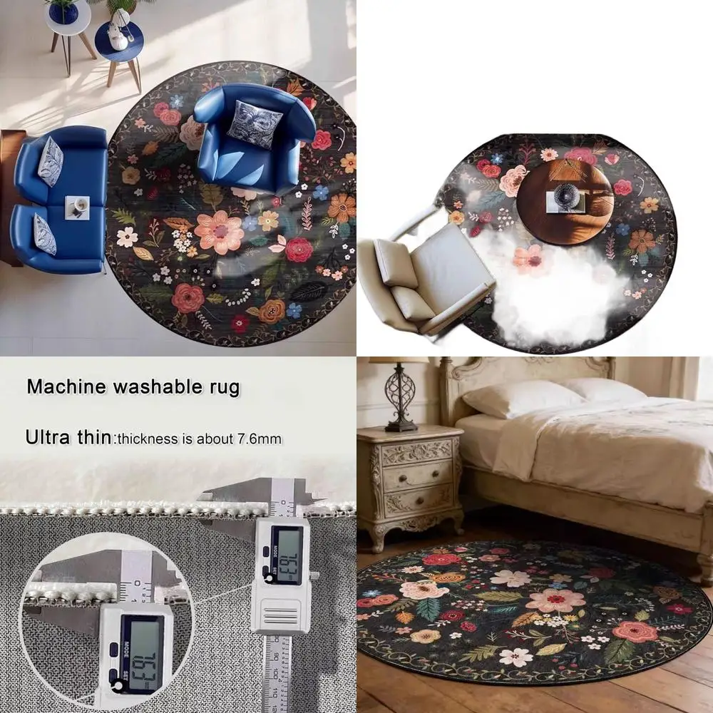 

Vintage Boho Floral 6 ft Round Washable Rugs for Living & Dining Rooms, Black Circle Floor Mats for Home Decor
