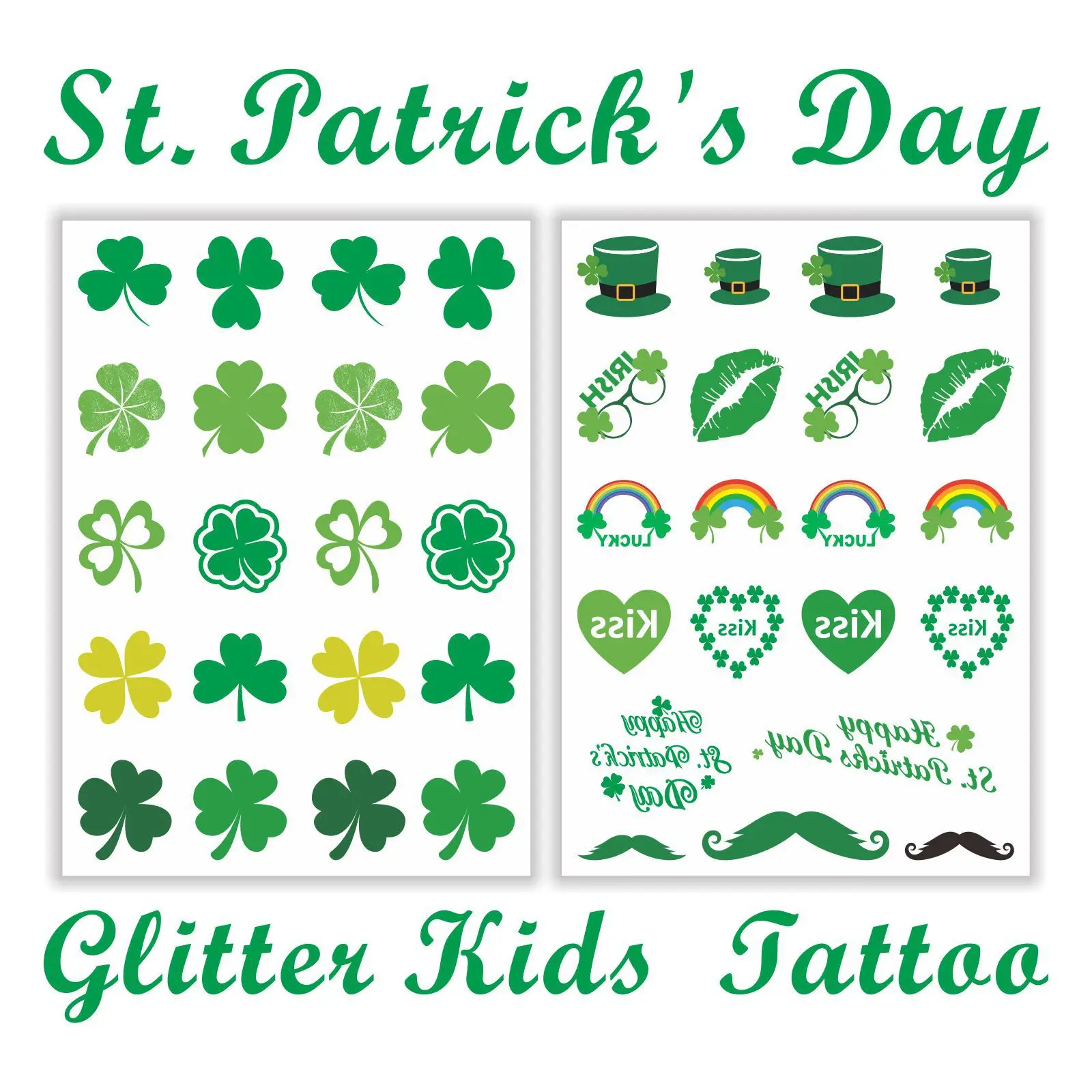 

2PCS Glitter Tattoo for Kids Temporary Tattoo for St. Patrick's Day Children Face With Eco-Friendly Waterproof Flashing Sticker