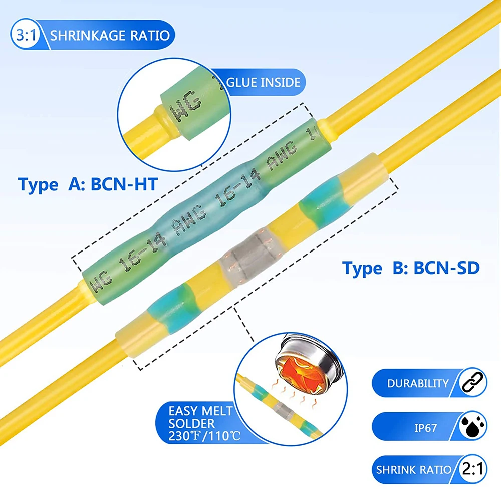 Conector termorretráctil de 800/400/200 piezas, conectores de alambre de sellado de soldadura y conectores de crimpado a tope termorretráctiles, terminales de cable eléctrico