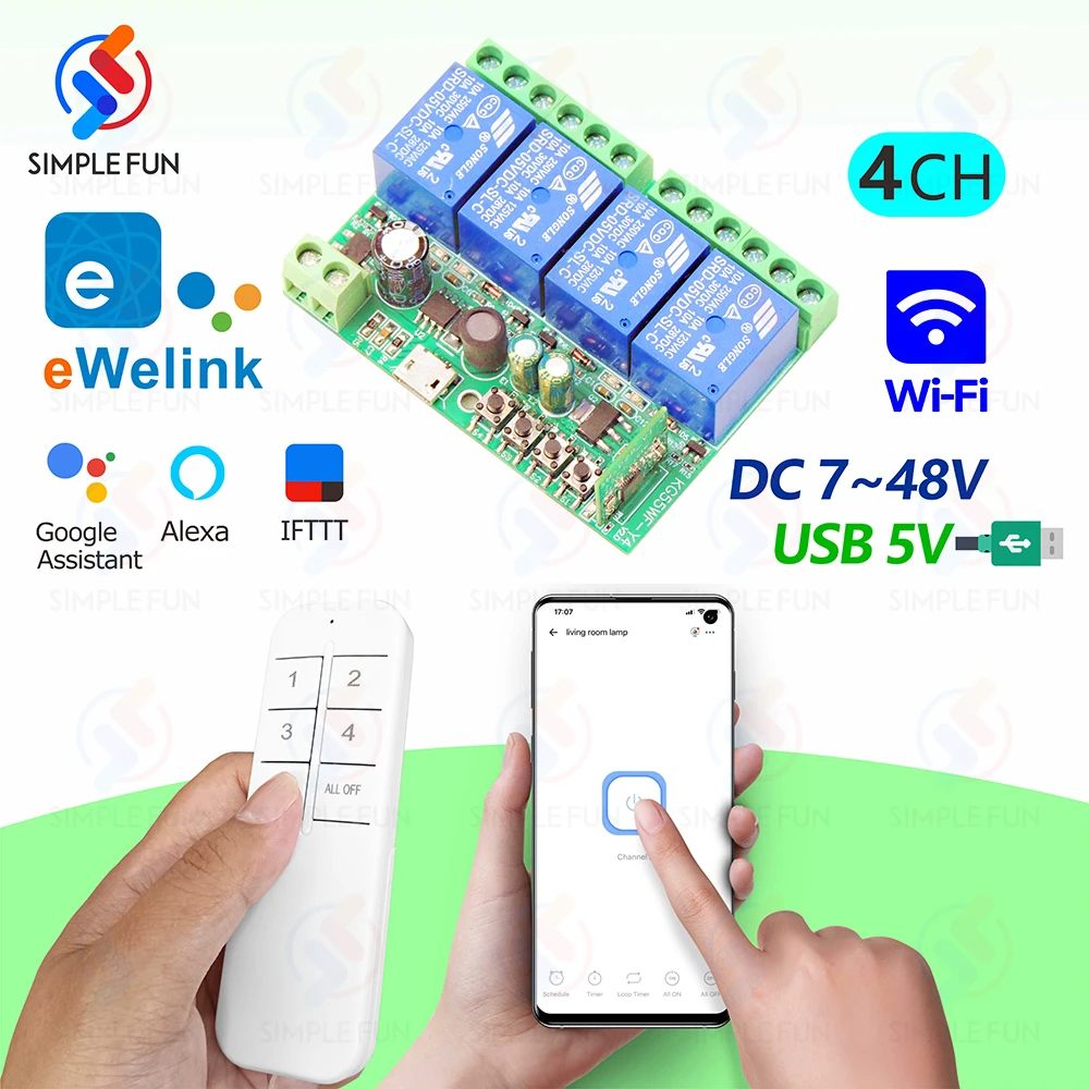 WiFi Smart Switch EWelink ,DC 12V 24V 48V USB 5V 4 Channels Wireless Remote Control,DIY Switch,Alexa Google Home Voice Control