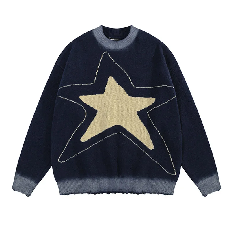 Harakuju-suéter con patrón de estrellas para hombre, Jersey informal rasgado de punto de Hip Hop, Tops