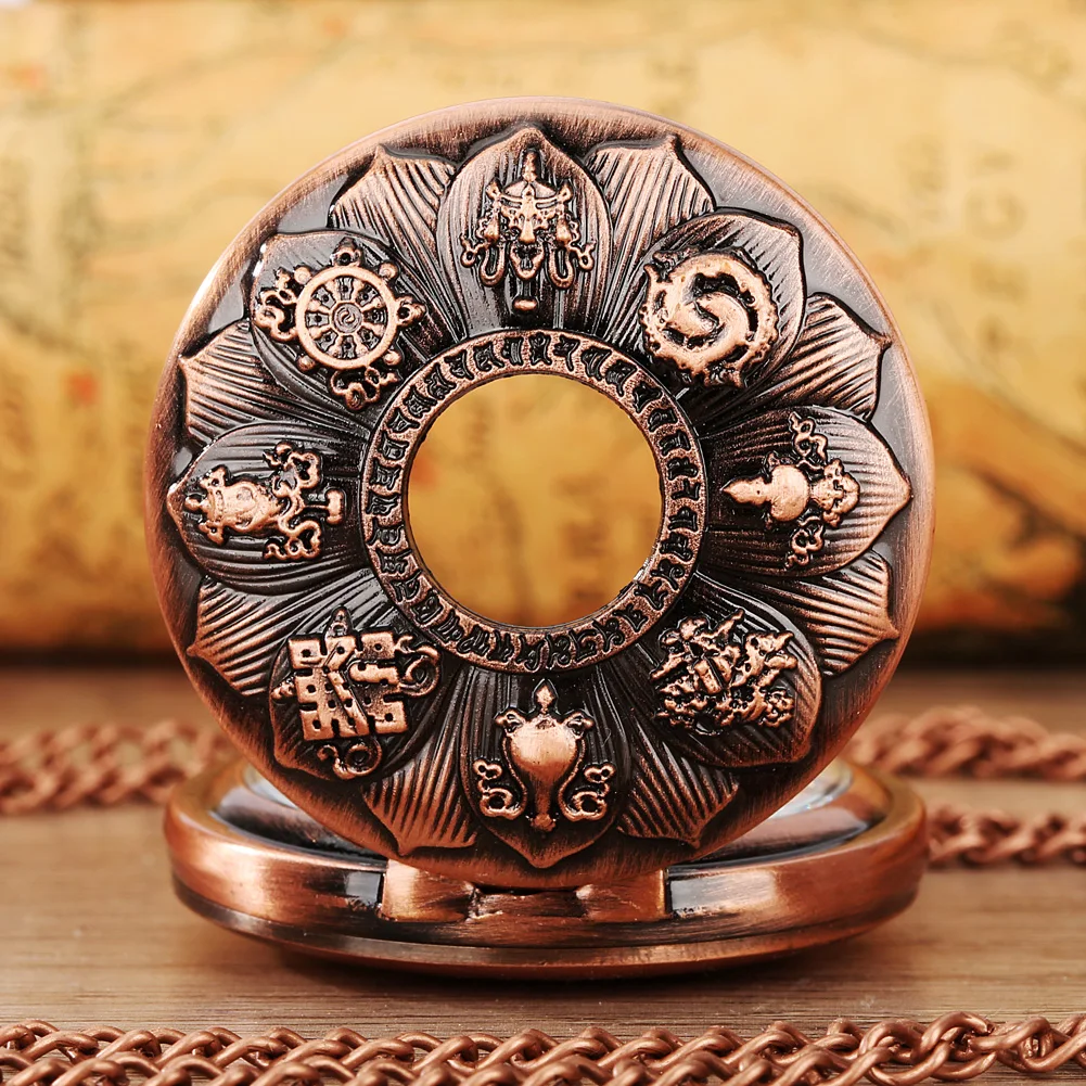 Vintage Rose Gold Hollow Blooming Lotus Pattern Quartz Pocket Watch Steampunk Necklace Chain Pendant Antique Clock for Men Women