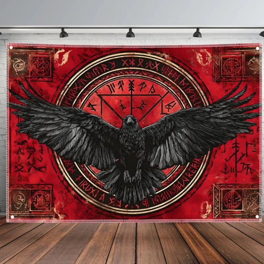 Norse Rune Raven Tapestry Dark Esoteric Design Wall Art Flags Perfect for Viking Decor Bedroom Wall Styling and Photo Backdrops