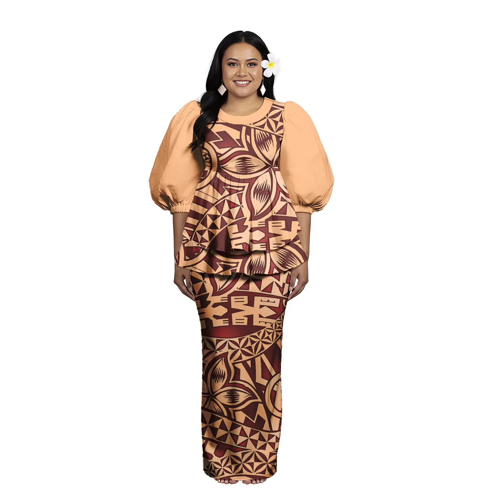 هاواي Puletasi نفخة الأكمام قميص وفساتين النساء 2 قطعة طباعة حسب الطلب Puakenikeni Puletasi حجم كبير فساتين حريمي مخصص