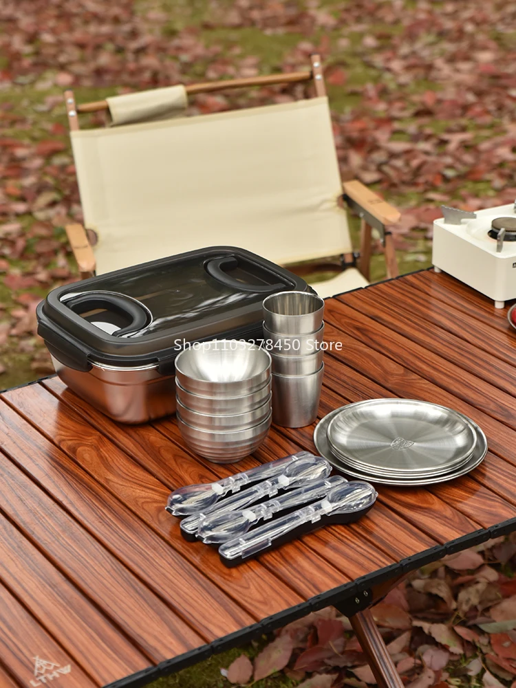 

304 Stainless Steel Outdoor Tableware Set, Picnic Bowls, Plates, and Cups, Chopstick and Spoon, Camping Supplies