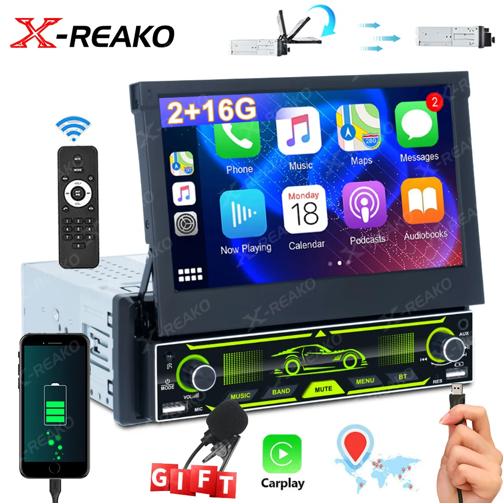 

X-REAKO 1Din Car Radio GPS Navigation 7" Retractable Screen Android 10 Multimedia Player Universal MP5 Video Bluetooth Head Unit