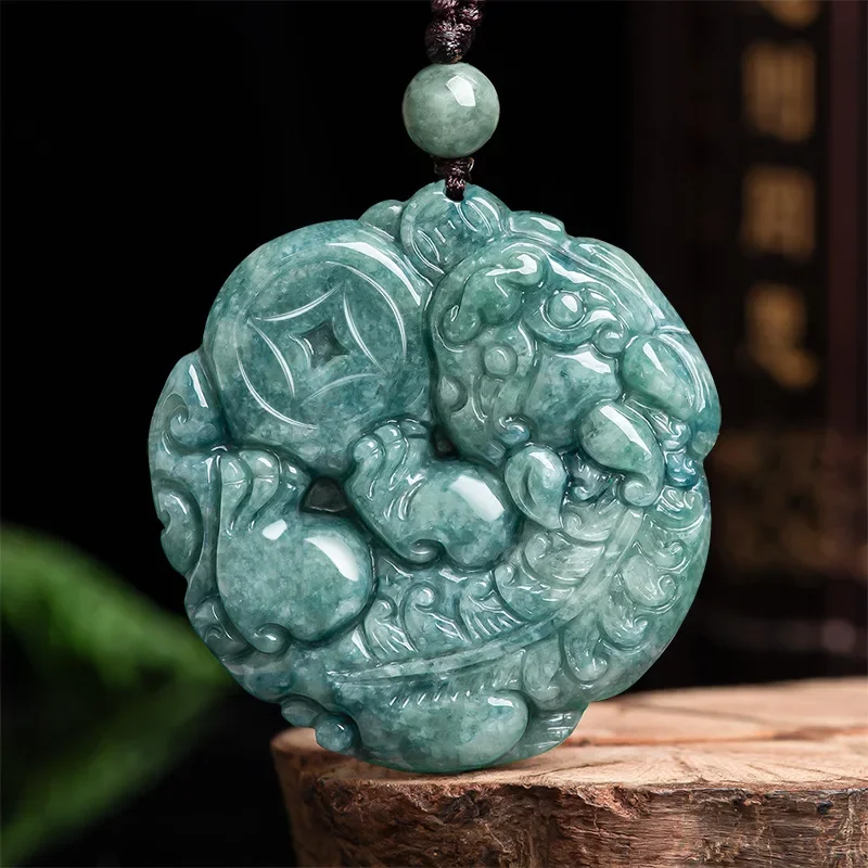 

Natural Burma Emerald Money Pixiu Pendant Necklace Jewellery Fashion Accessories Hand-Carved Man Woman Luck Amulet Gifts