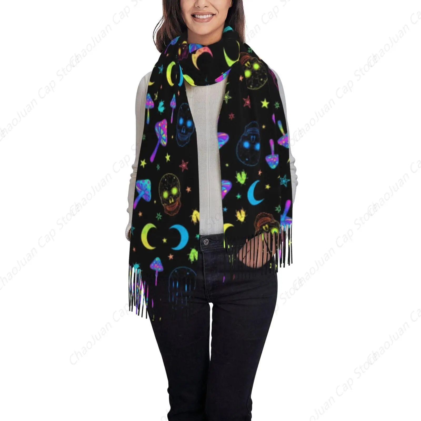 Goth Moon Mushrooms And Human Skulls Scarves Extra Large Thick Soft Pashmina Scarf for Evening dresses on formal occasions