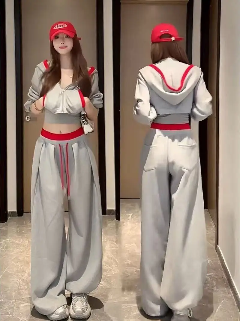 

Brand Women's Fashion Spring Autumn Short Hooded Sweatshirt Wide Leg Pants Two Piece Set Color Block High Waist Long Pants