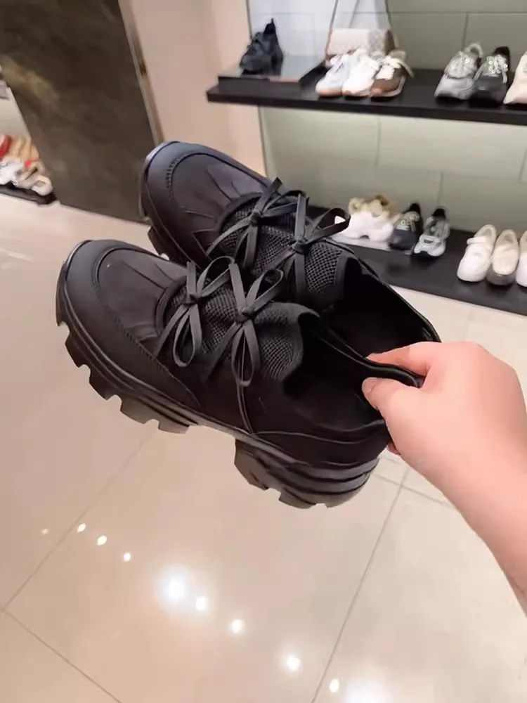 

Black Platform Combined Material Ballet Sneakers Bow-Knot Height-Enhancing Women Shoes Casual Sports Breathable Flats