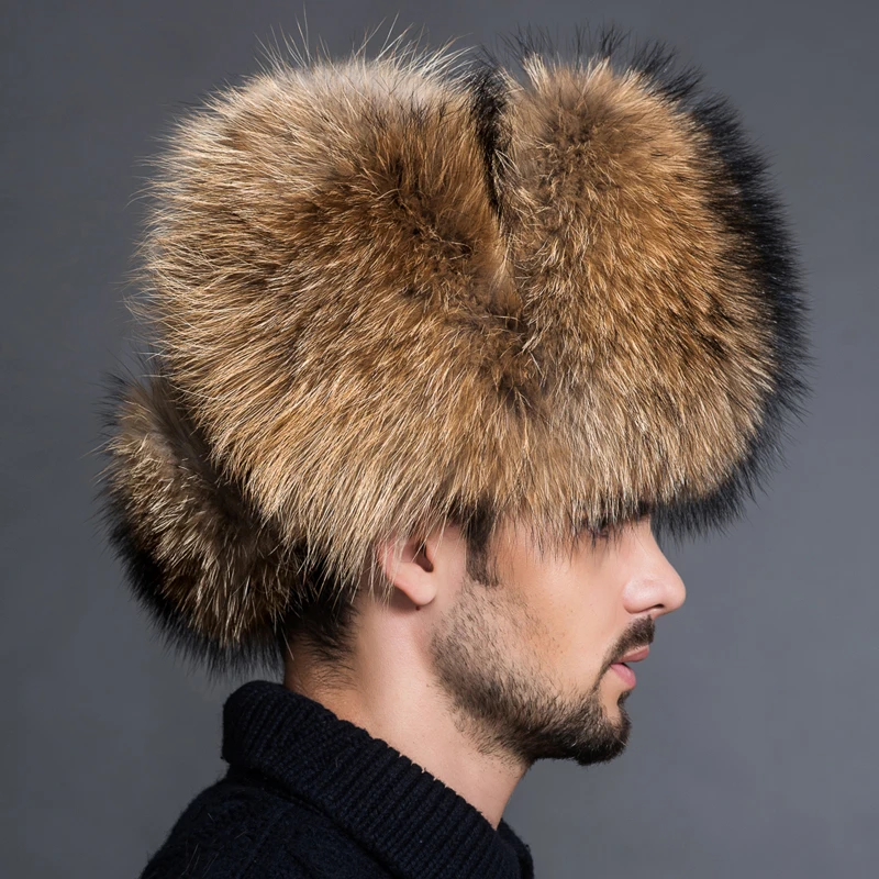 Winter Men\'s 100% Real Silver Fox Fur Aviator Bomber Hat Raccoon Fur Ushanka Cap Trapper Russian Man Ski Hats Caps Real Leather