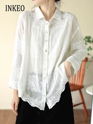 irregular shirt for women High quality Embroidery Long sleeve blouse 2024 Spring summer Button-up tops White Blue INKEO 3T212