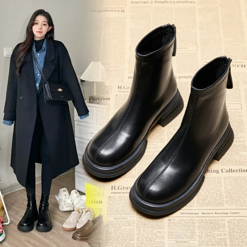 French Style Women Martini Boots Thick Bottom Appears Small Flocking Heightening Elastic Slimming Boots Autumn Winter