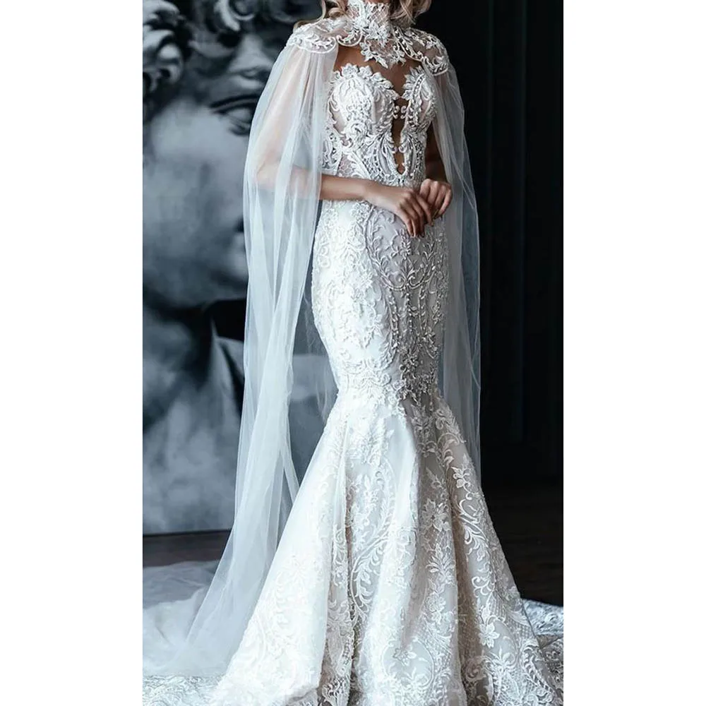 

Exquisite Mermaid Lace Wedding Dresses Cap Long Sleeve High Neck Chapel Train Gowns Formal Occasion Bridal Dress Robe De Mariée