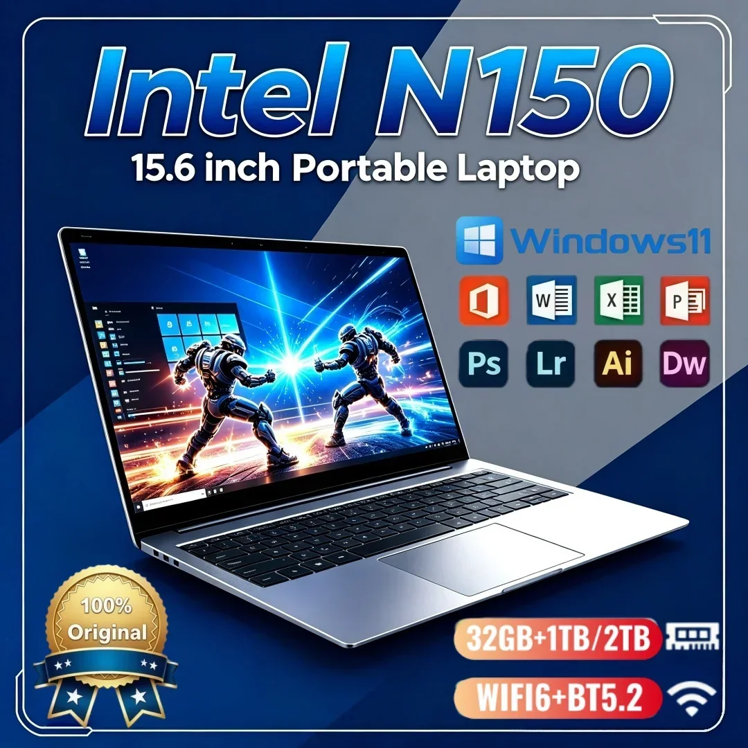 15.6 Inch Hot Sale Ultra Slim Laptop Intel N150 16/32GB RAM Windows11 1TB/2TB Big SSD Portable Notebook Study Office