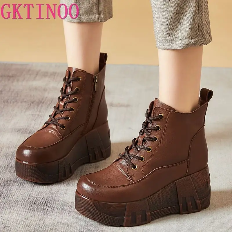 GKTINOO  Fashion Retro Women Platform Boots Autumn Round Toe Genuine Leather Wedge Heel Ankle Boots Women Handmade Casual Shoes