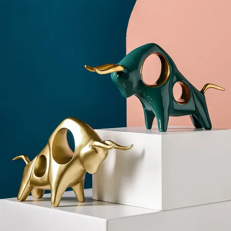 

Nordic Resin Animal Sculpture Abstract Simulation Cow Bull Statue Golden Hollow Modern Home Decoration Porch Desktop Accessories