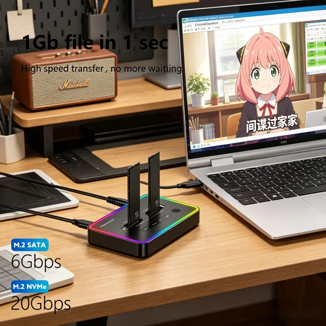 

Luxuriant Offline Clone Dual Protocol M.2 Ssd Case Ssd Docking Station Type C 10Gbps for PCIe NVME or Sata 2 Bay SSD Enclosure