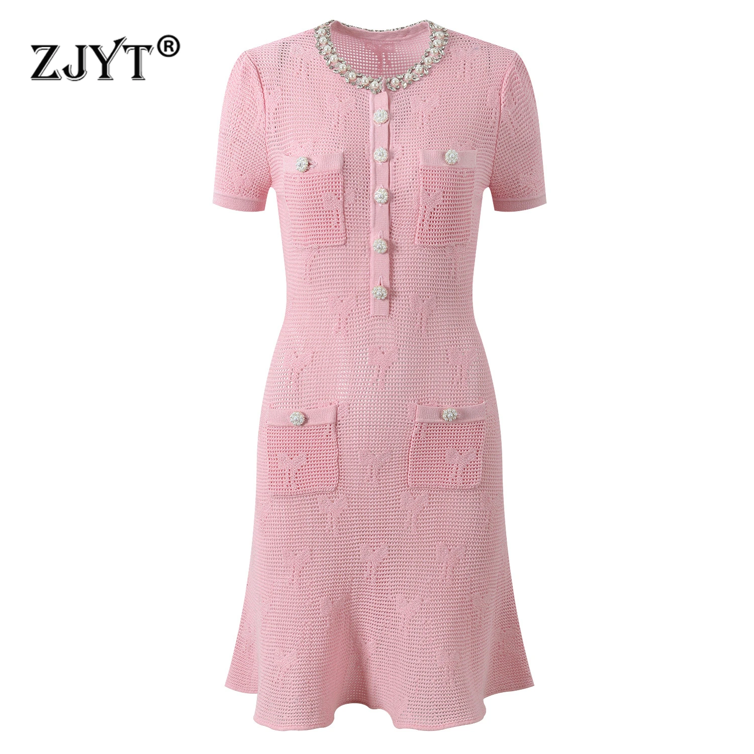 

ZJYT New Summer Women's Beading Knitting Sweater Dresses 2025 Elegant O Neck Short Sleeve Sweet Pink Party Dress Female Clothes