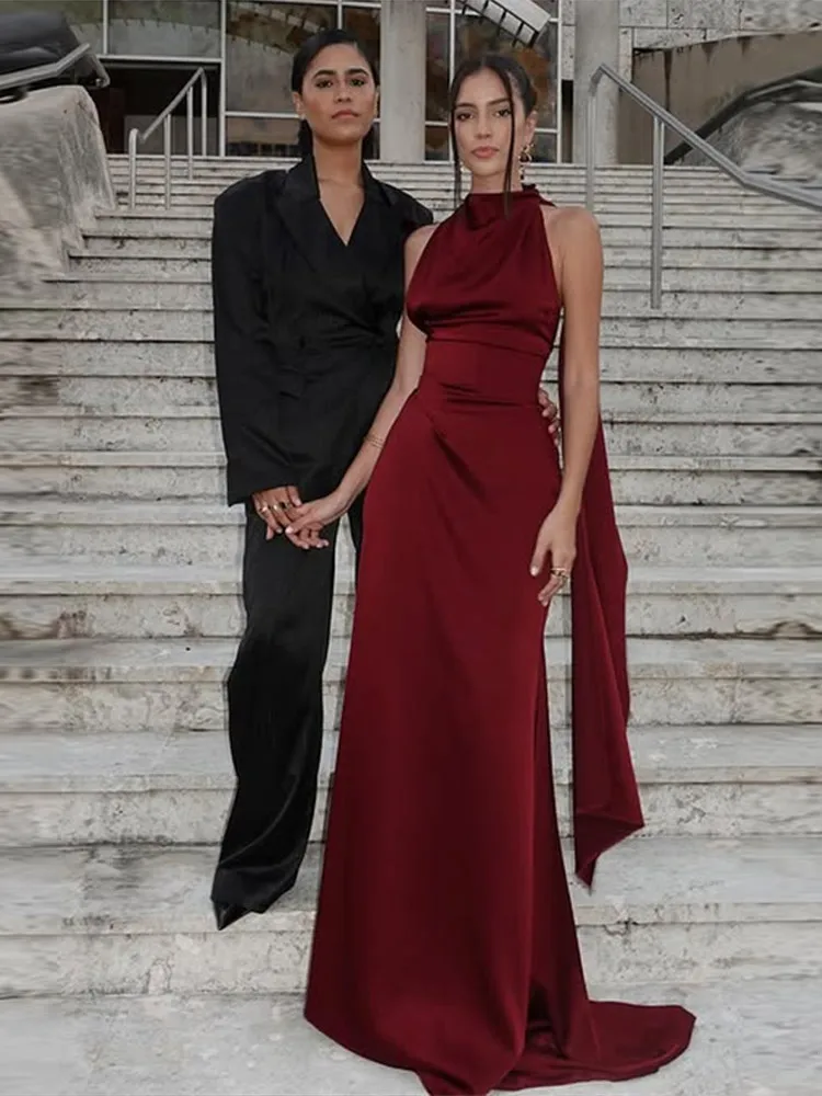 Sexy Burgundy Women's Dress Slim Satin Halter Ribbon Backless Tie Up Sleeveless Maxi Dresses Autumn Evening Party Lady Vestidos