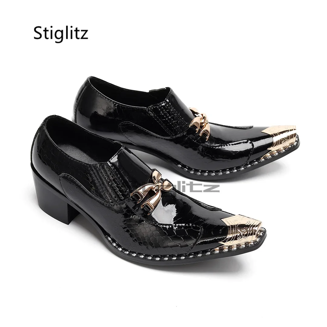Black Bright Leather Dress Shoes Men Genuine Metal Buckle Pointed Toe High Heels Slip On Shoes Spring Autumn Party Office Shoes