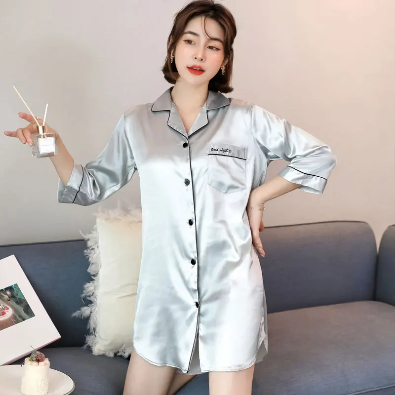 Simulated Silk White Women Nightdress Summer Sexy Thin Shirt Button Medium Long Spring Autumn Private Room Pajamas Khaki Clothes