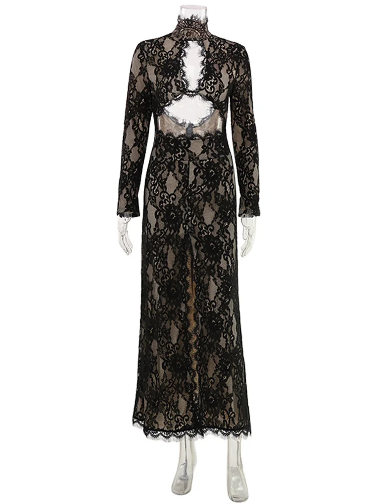 CNYISHE Hollow Out Lace Split Long Sleeve Women Dresses Evening Party Outfits O Neck Sheath Fashion Sexy Club Elegant Bodycon view 6