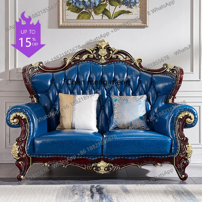 

01A Европейский диван из массива дерева, маленькая квартира, гостиная, роскошный первый слой кожи, роскошная вилла, мебель из красного сандалового дерева