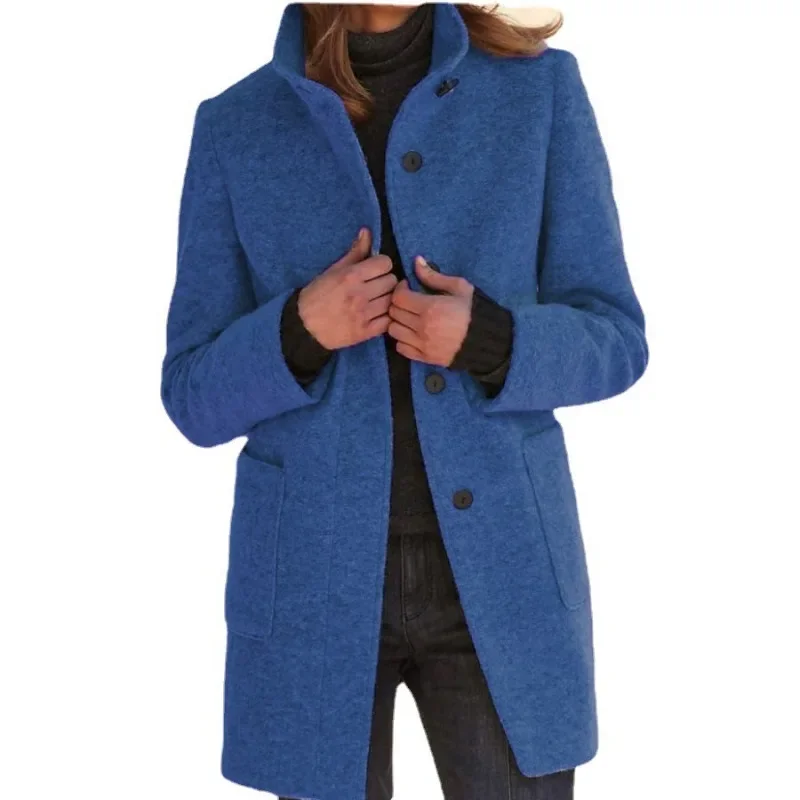 Vintage Women Overcoat Solid Button Stand Collar Woolen Coat Female Autumn Winter Fashion Long Casual Thick Ladies Jacket
