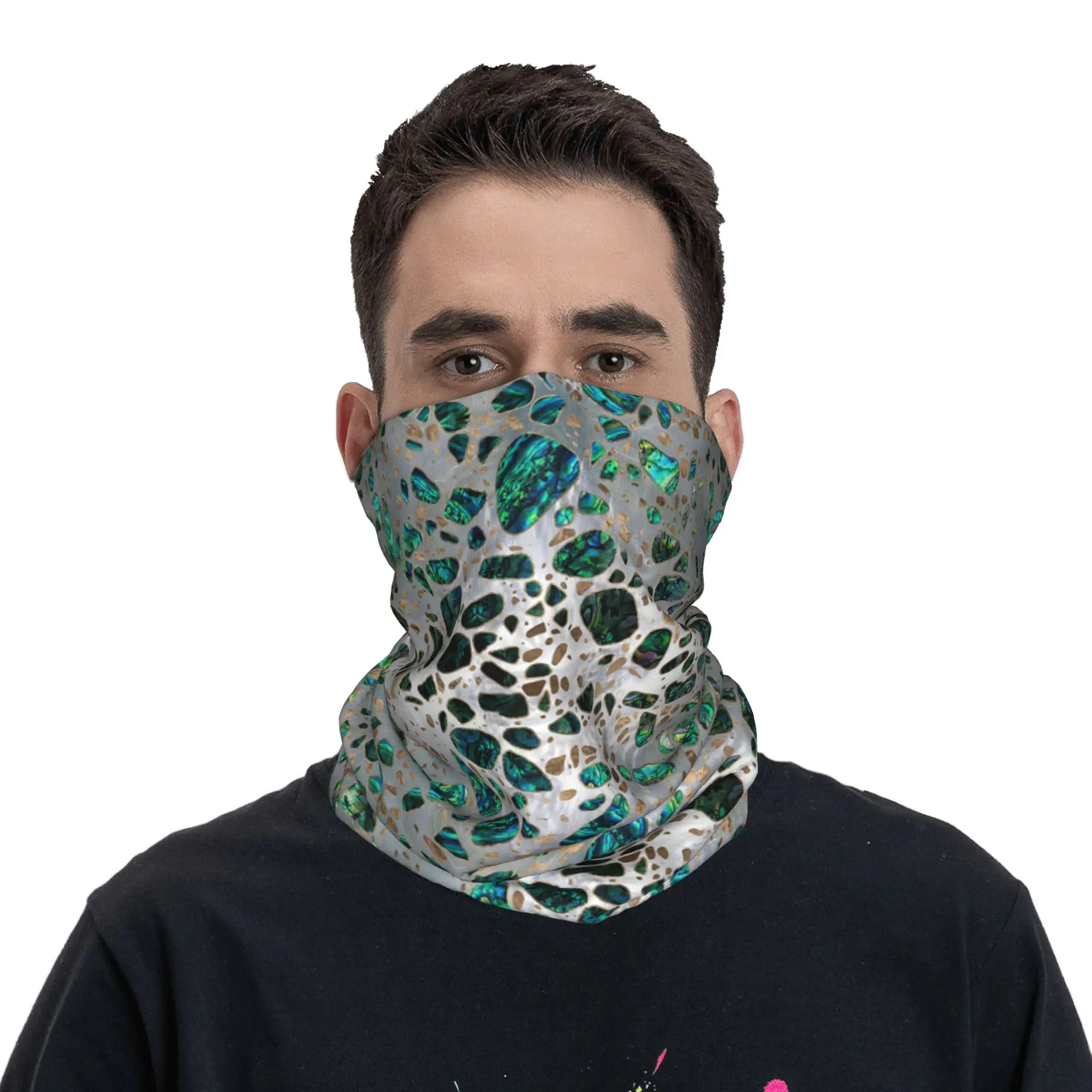 

Terrazzo Mosaic Abalone Shell Pearl and Gold Bandana Neck Gaiter Printed Wrap Mask Scarf Headband Outdoor Sports for Men Women