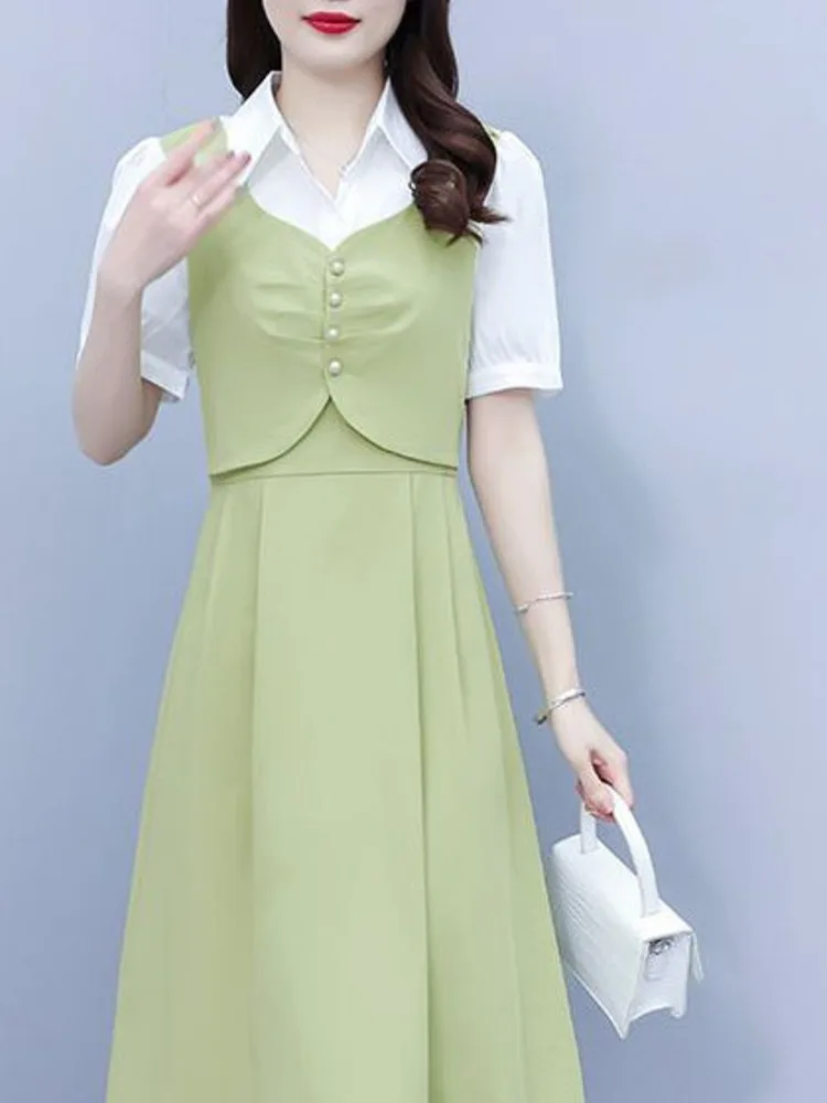 #7964 False Two Piece Shirt Dress Women Split Joint High Waisted Office A-line Dress Short Sleeve Elegant France Style Summer