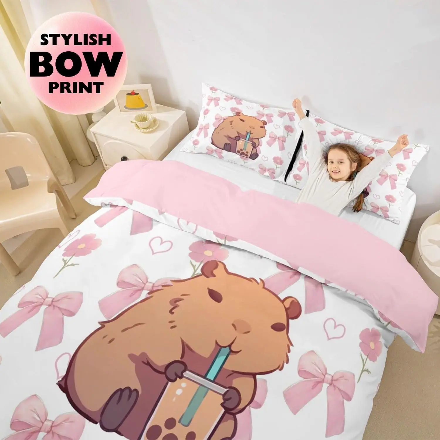 Pink Bow Cute Capybara Duvet Cover Set Single Size Kawaii Bedding Set With 1 Pillowcase For Kids Girls Room Decor