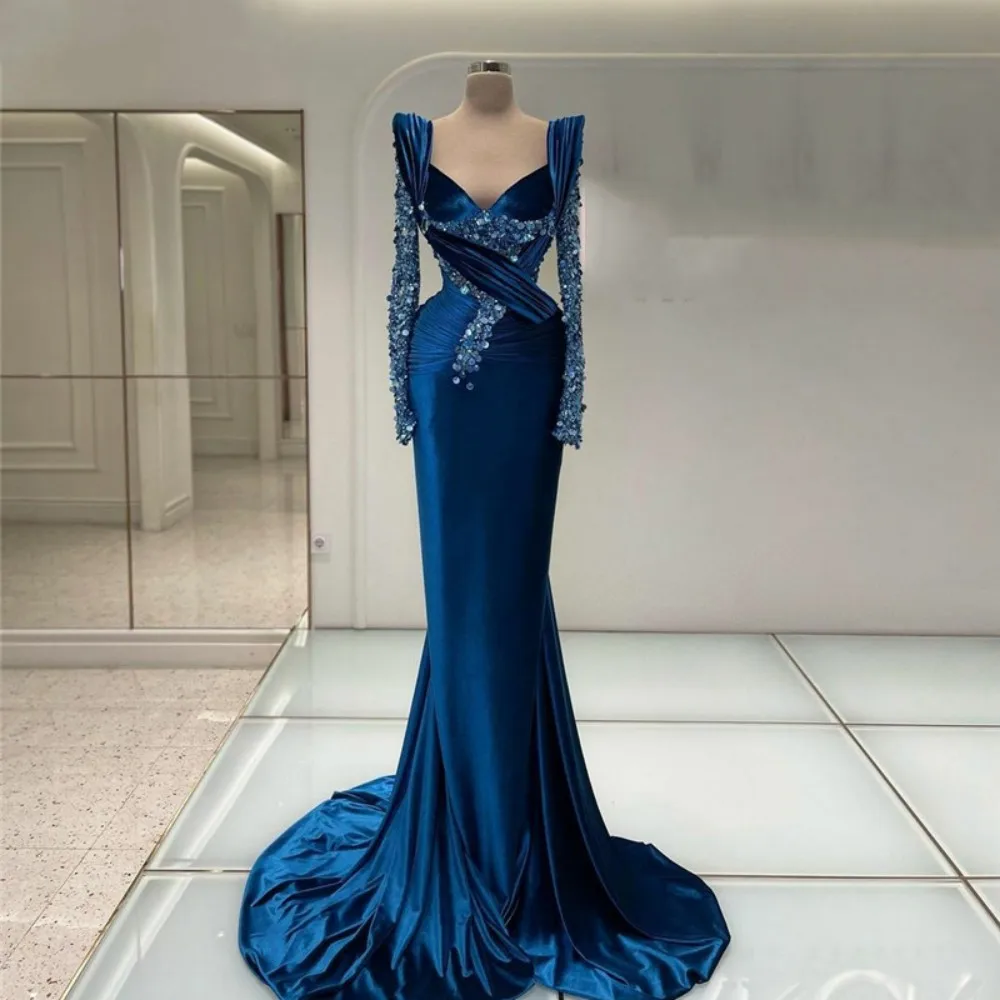 Vestido de noche de sirena azul de Arabia Saudita, manga larga con cuentas de terciopelo de cristal, vestido de fiesta moderno, 2023