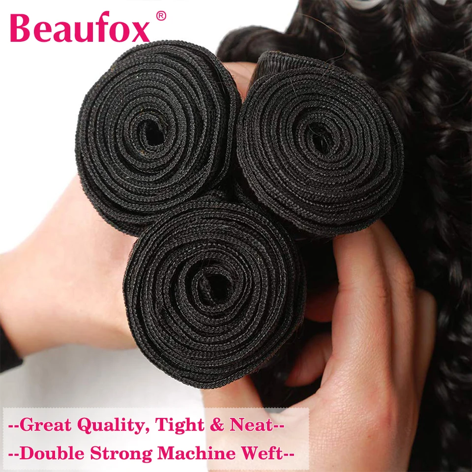 Beaufox-Deep Wave Hair Bundles, Cabelo Humano da Malásia, Cabelo Encaracolado Profundo, Remy Hair Weave Extensions, 10A, 32 em, 1 Pacotes, 3 Pacotes, 4 Pacotes