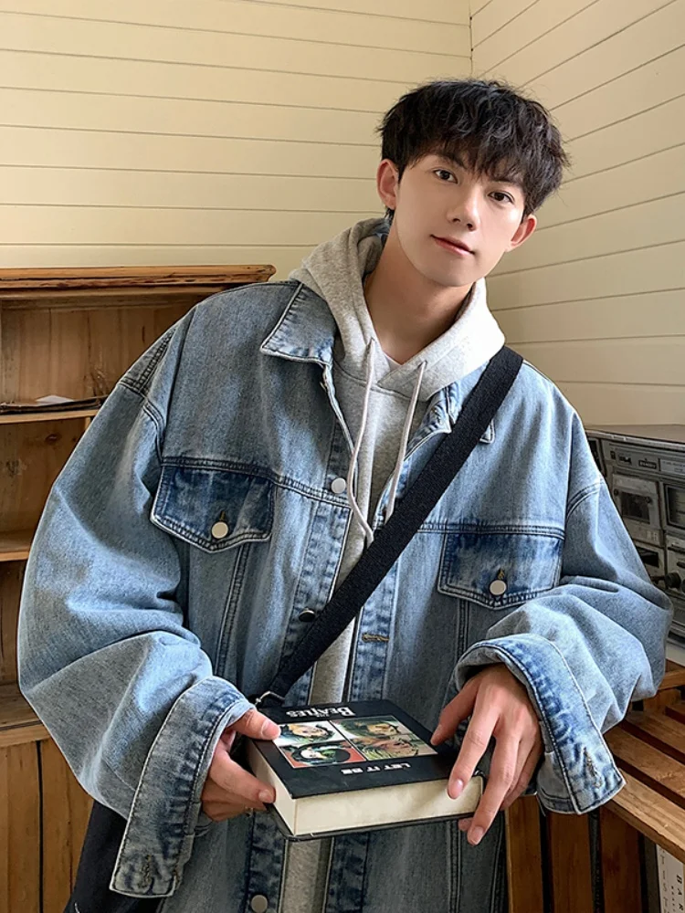 

Casual Men's Denim Jaet Autumn High Street Cool Streetwear Outerwear for Teenage Students Warmth Laid-ba Sle Zipper Decor