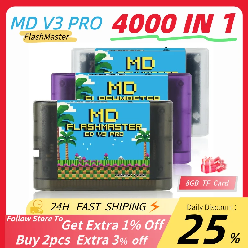 

MD V3 Pro Flashmaste Cartridge 4000 in 1 MD V3 Game Card for SEGA MegaDrive GENESIS US/JP/EU 16-bit Video Game Console