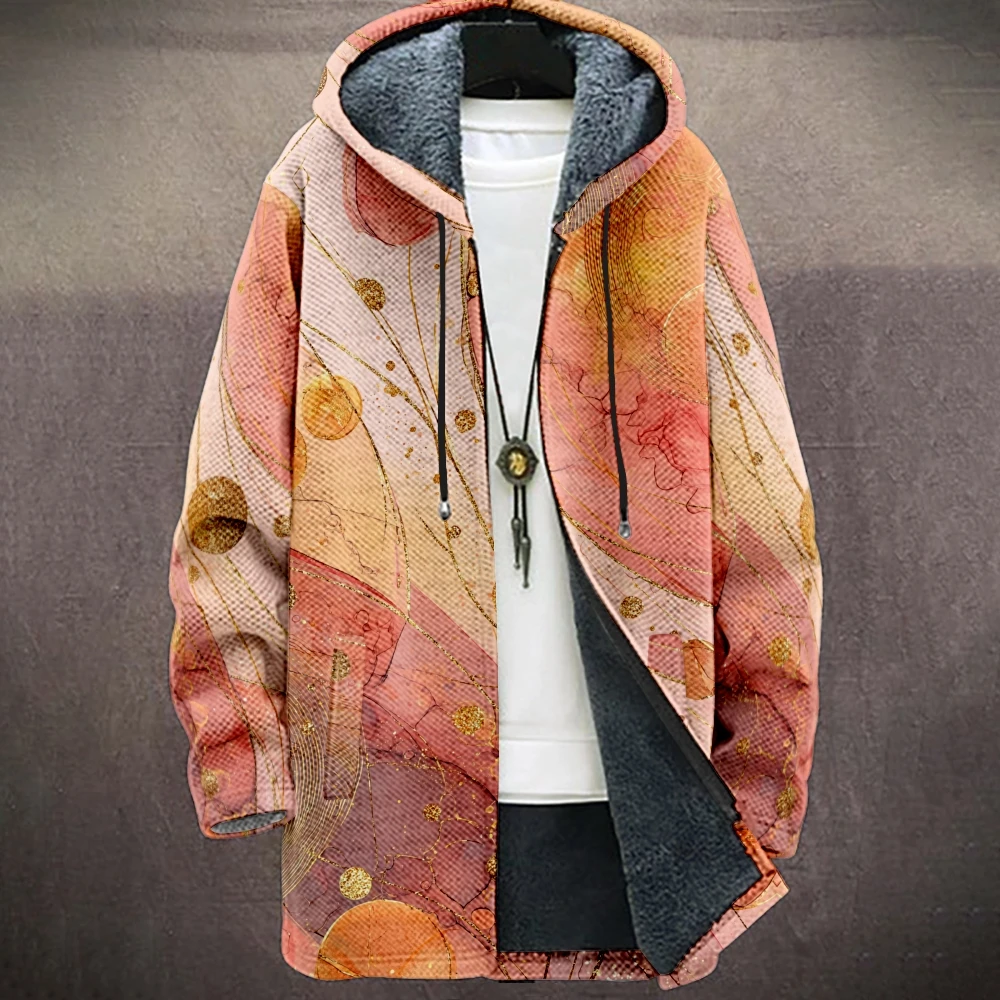 Men's Artistic Gradient Hooded Fleece Jacket Colorful Marble Print Warm Faux Fur Lining Stylish Winter Coat for Casual Fashion