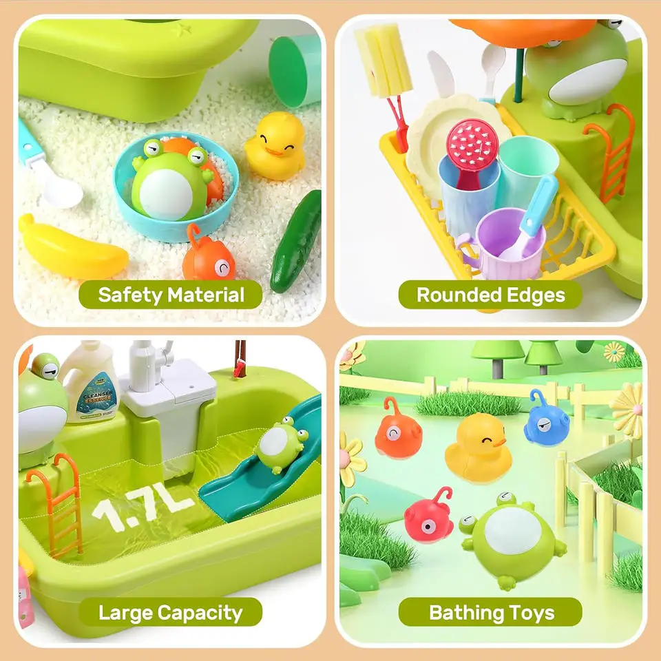 เด็กเครื่องล้างจานไฟฟ้าของเล่นน้ําOutletโต๊ะสระว่ายน้ําหญิงจําลองเครื่องครัวเด็กทําอาหารHouseกบ