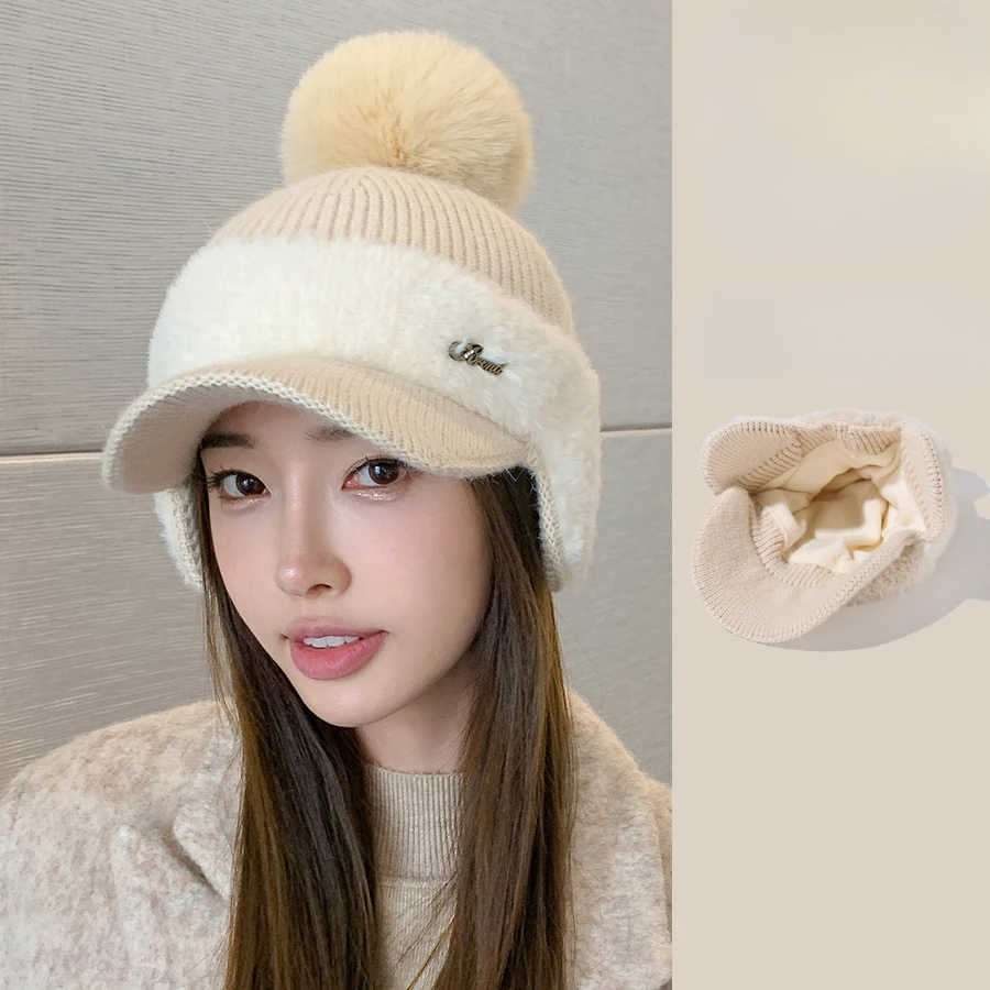 Rabbit Fur Knitted Baseball Cap Women Winter Hats Baseball Autumn Winter Ear Protection CapTo Keep Warm Baseball Hats