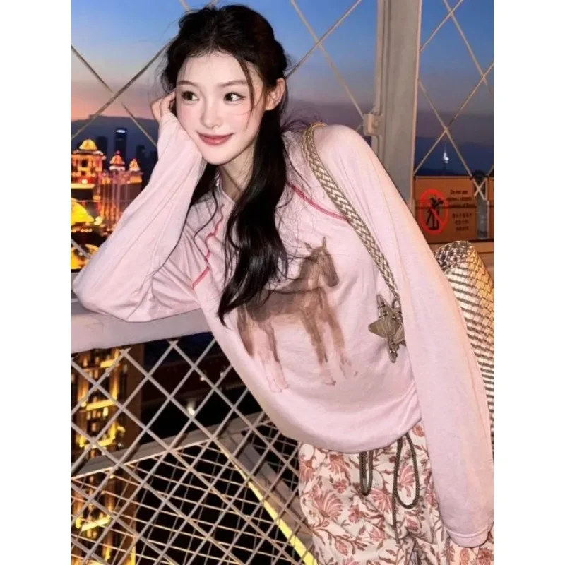 Korean Pink Pattern Round Neck Printed Bright Thread Long Sleeve Top Fashion Loose T-shirt Versatile Top