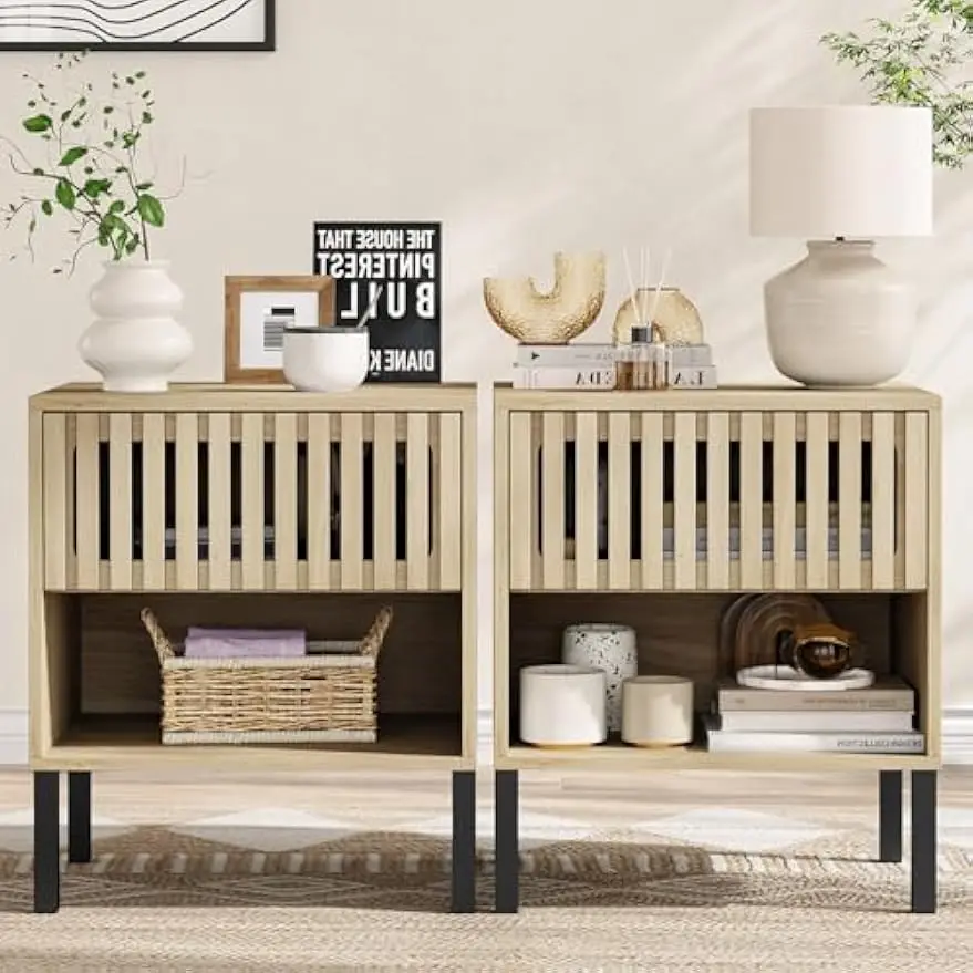 Modern Set of 2 Wood Bedside Nightstands with Drawer and Open Storage Space, Fluted Design & Metal Legs for Bedroom Decor