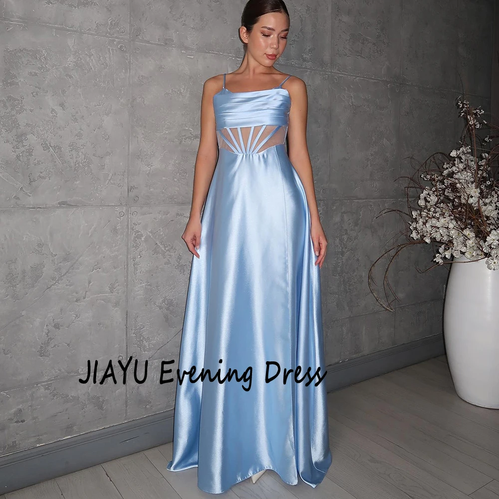 Customized Blue A-line Spaghetti Satin Evening Dress Sleeveless Pure Color Simple Party Dress Backless Floor Length Prom Gown