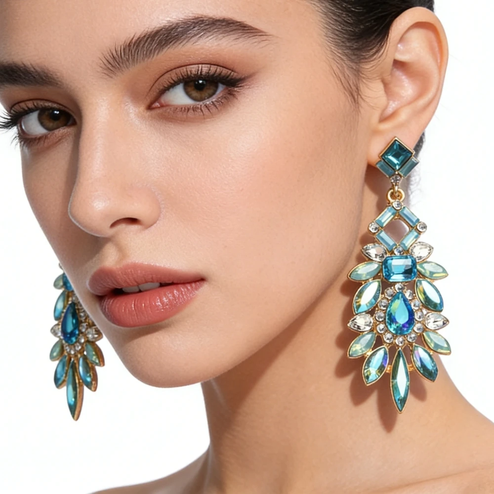Colorful Lake Blue Iridescent Crystal Rhinestone Long Big Dangle Earrings Women Boho Ethnic Statement Wedding Party Earrings