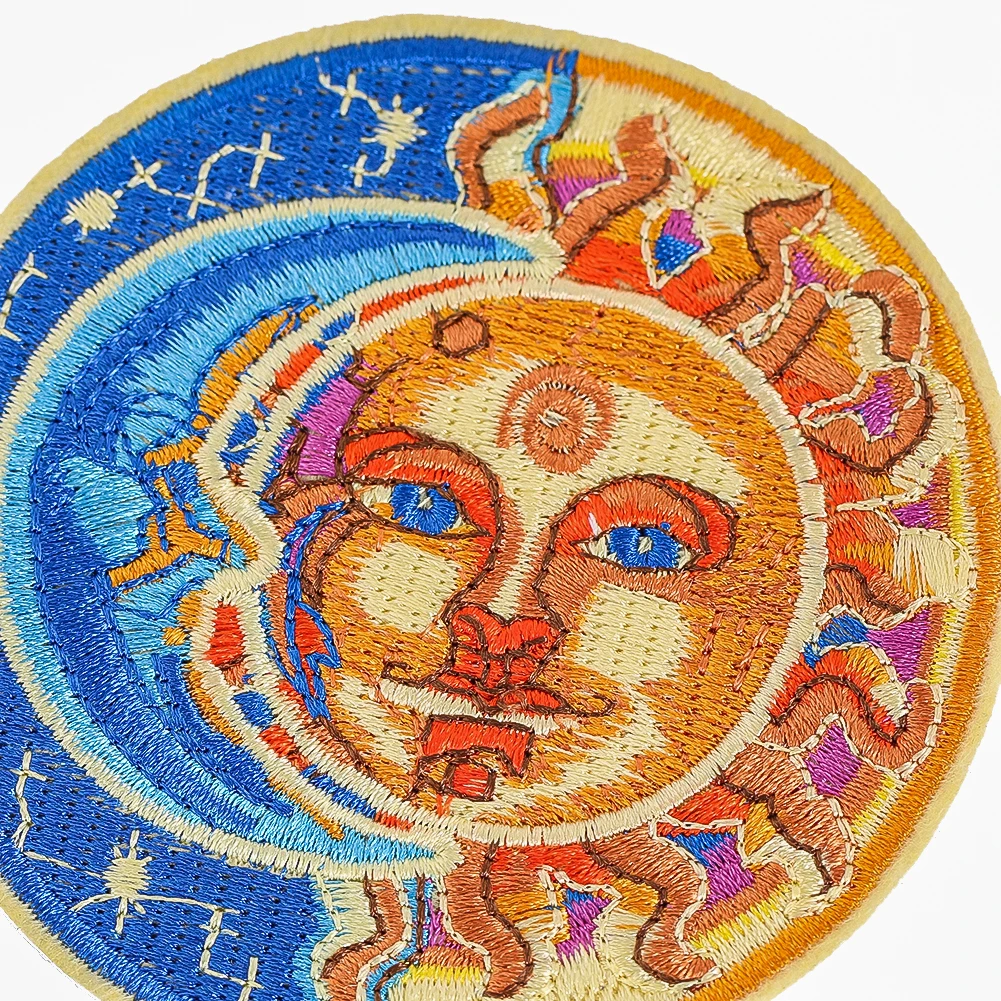 

Vintage Sun Deity Face Embroidered Patch Iron on Myth Art Badge for Boho Backpack Jacket Creative Decoration Hunting Accessories