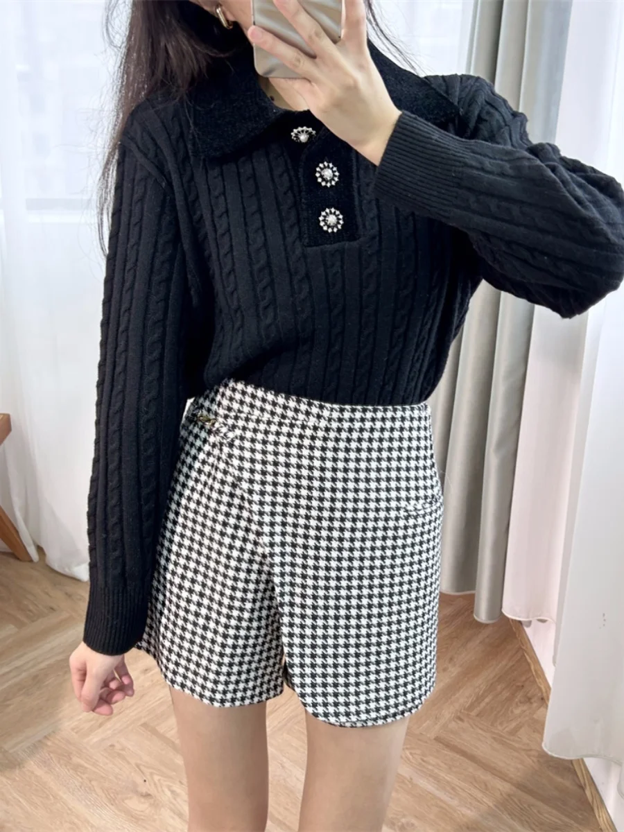 Sweater korean style Slimming Knitted Shirt Lazy Style Top Polo Collar Short Black Female S Home 2024 Early Autumn French