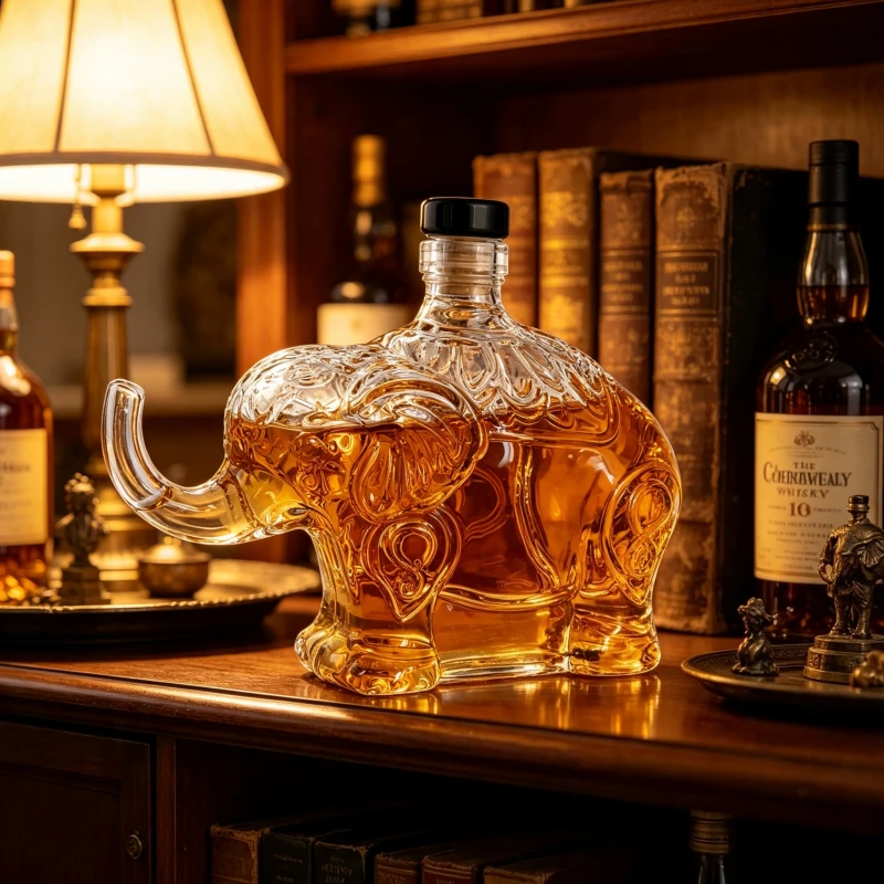 Unique Elephant Design Liquor Decanter Ornate Glass Alcohol Bottle for Whiskey Bourbon and Cognac Storage
