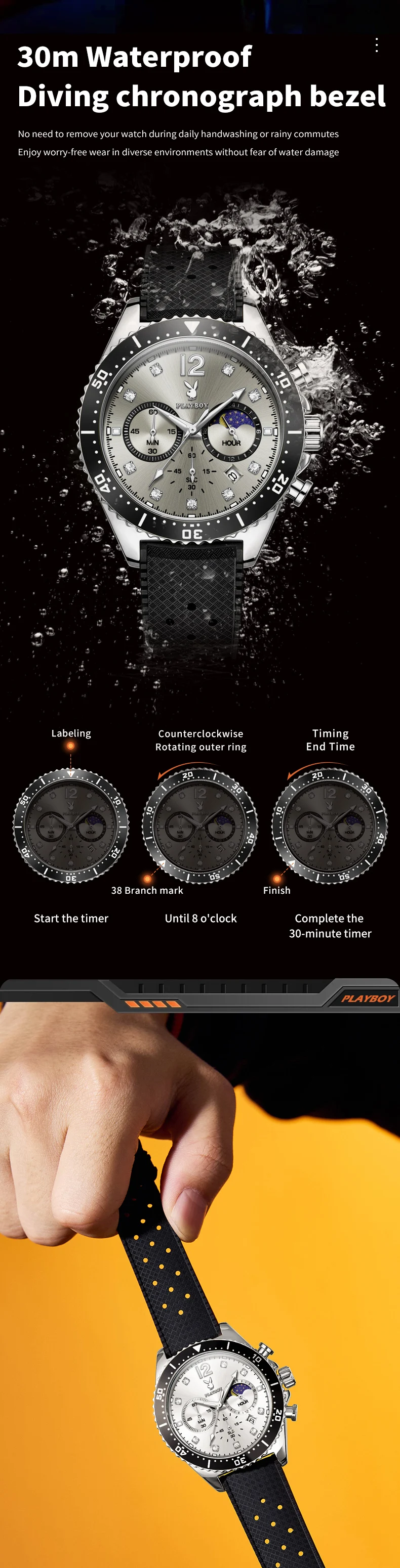 PLAYBOY 3515 Luxus Herrenuhr Mode Silikonarmband Chronograph Mondphase Herrenuhr Marken-Original Quarz-Armbanduhr für Männer – Detail 4