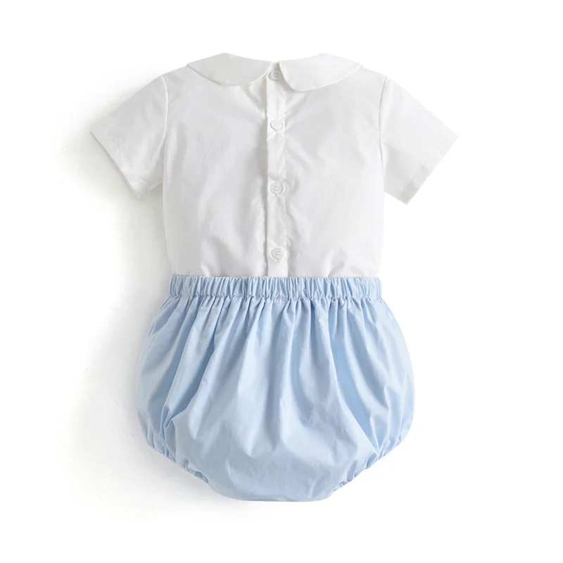 Clibeso 2024 Summer Baby Boy Spanish Clothes Set Children White Cotton Shirt Peter Pan Collar Blue Linen Shorts Bloomers Outfits