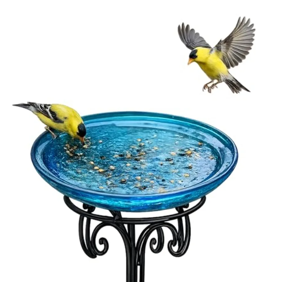 

14-Inch Teal Crackle Glass Birdbath Bowl for Outdoor Use, Hand-Blown Weather-Resistant Garden Ornament with Unique Crackle Text