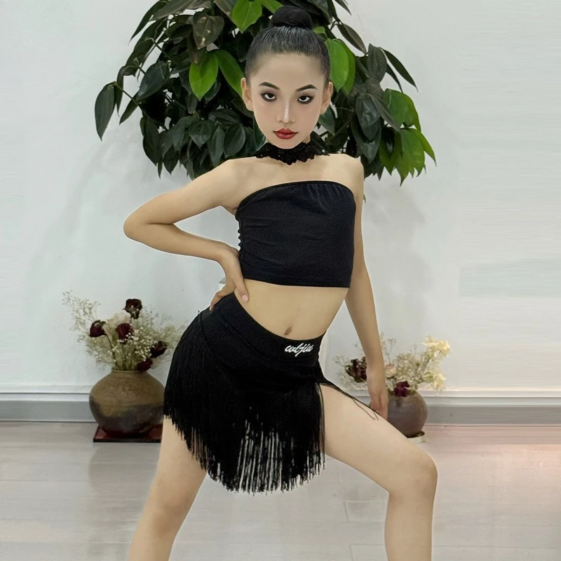 라틴 댄스 의상 소녀용 신상 넥 튜브 탑 프린지 스커트 어린이 라틴 댄스 연습 공연복 여름용